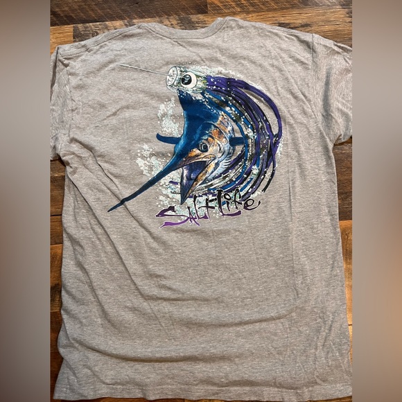 SALT LIFE Pocket T-Shirt XL  Gray Men's Blue Marlin with Chugger - Picture 1 of 5